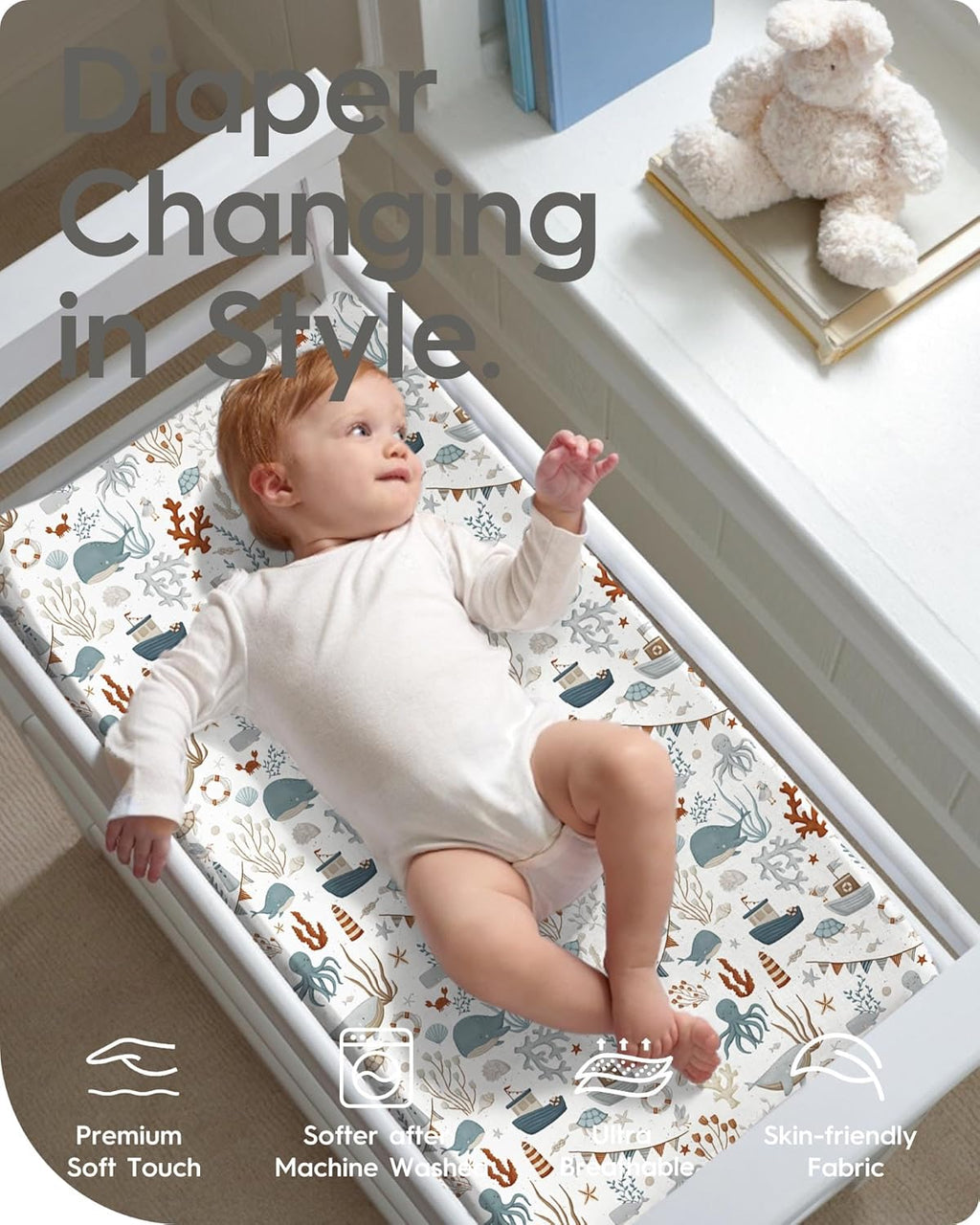 Extra Stretchy Changing Pad Cover, TotBasic Ultra Soft Premium Jersey Knit Changing Pad Sheets, Unisex for Boys Girls, Fits All Standard Changing Tables/Dresser Tops - 2 Pack (Dino + Whale)