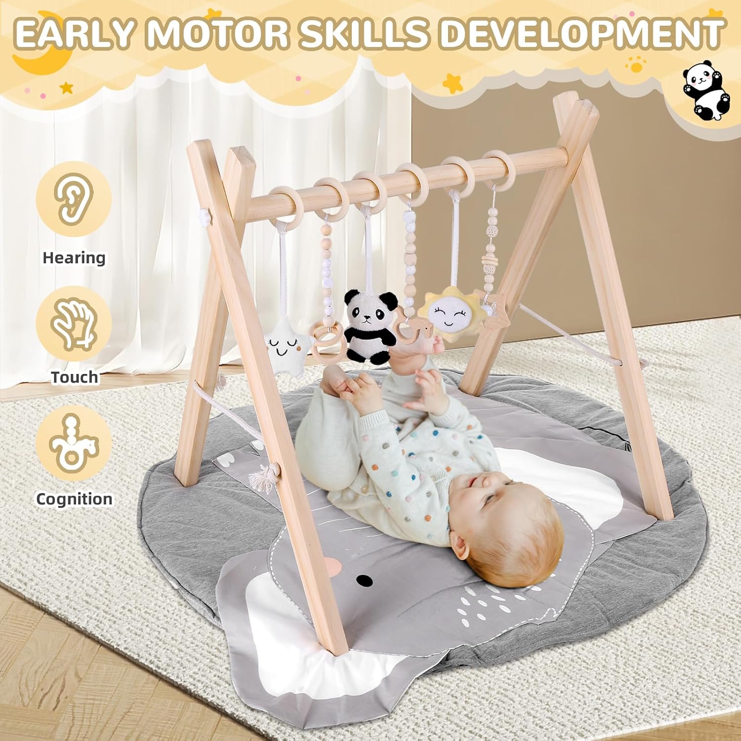 Wooden Baby Play Gym with Mat,Foldable Activity Gym for Newborns 0-12 Months,6 Hanging Sensory Toys for Infant Development,Montessori Toys for Baby Boys & Girls Shower Gift (Elephant)