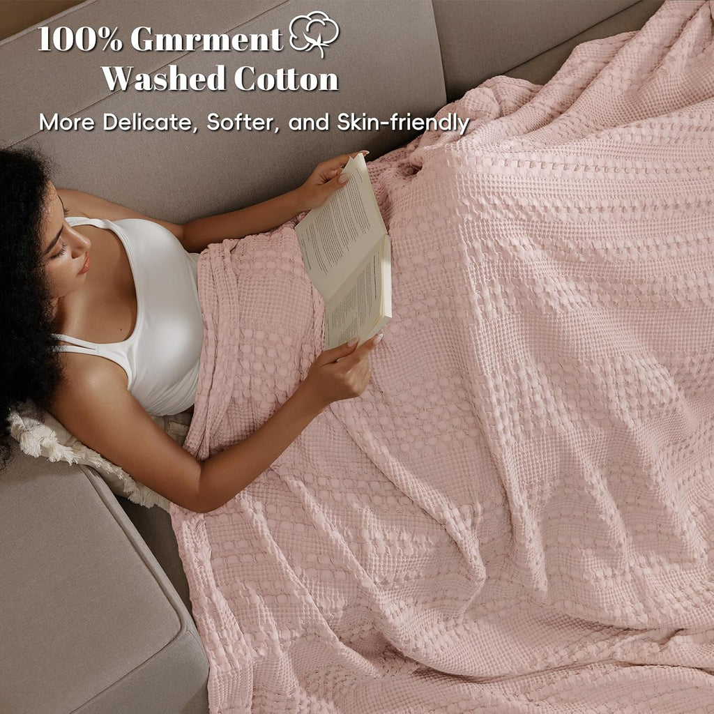 PHF 100% Cotton Waffle Weave Blanket King Size, Soft Lightweight Breathable Cozy Summer Blankets for Bed, Luxury Aesthetic Woven Bedding for Home Decor, 108"x90", Pink/Mauve