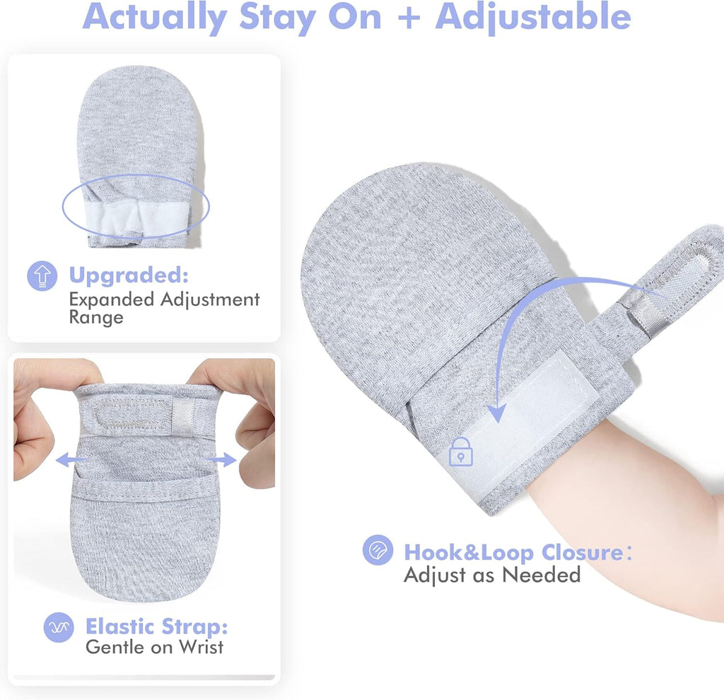 HAPIU Baby No Scratch Mittens Stay On, 100% Cotton Breathable, Adjustable Infant Gloves for Boys Girls, Newborn - 12 M