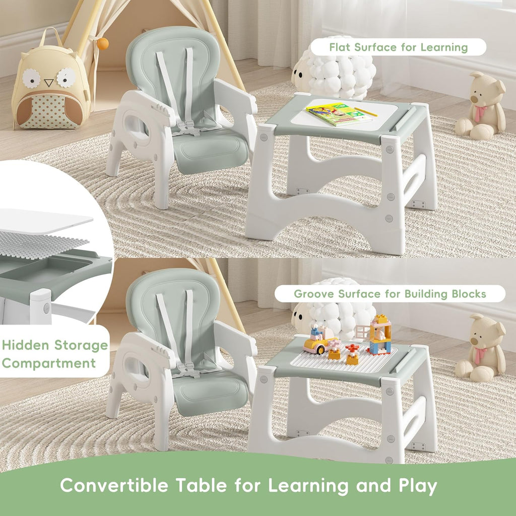 Xilingol 8 in 1 Convertible Baby High Chair W/Wheels, Baby Feeding Chair W/Adjustable Backrest & Removable Dual Tray, Building Block Table & Chair Set, HighChair for Babies & Toddlers (Green)