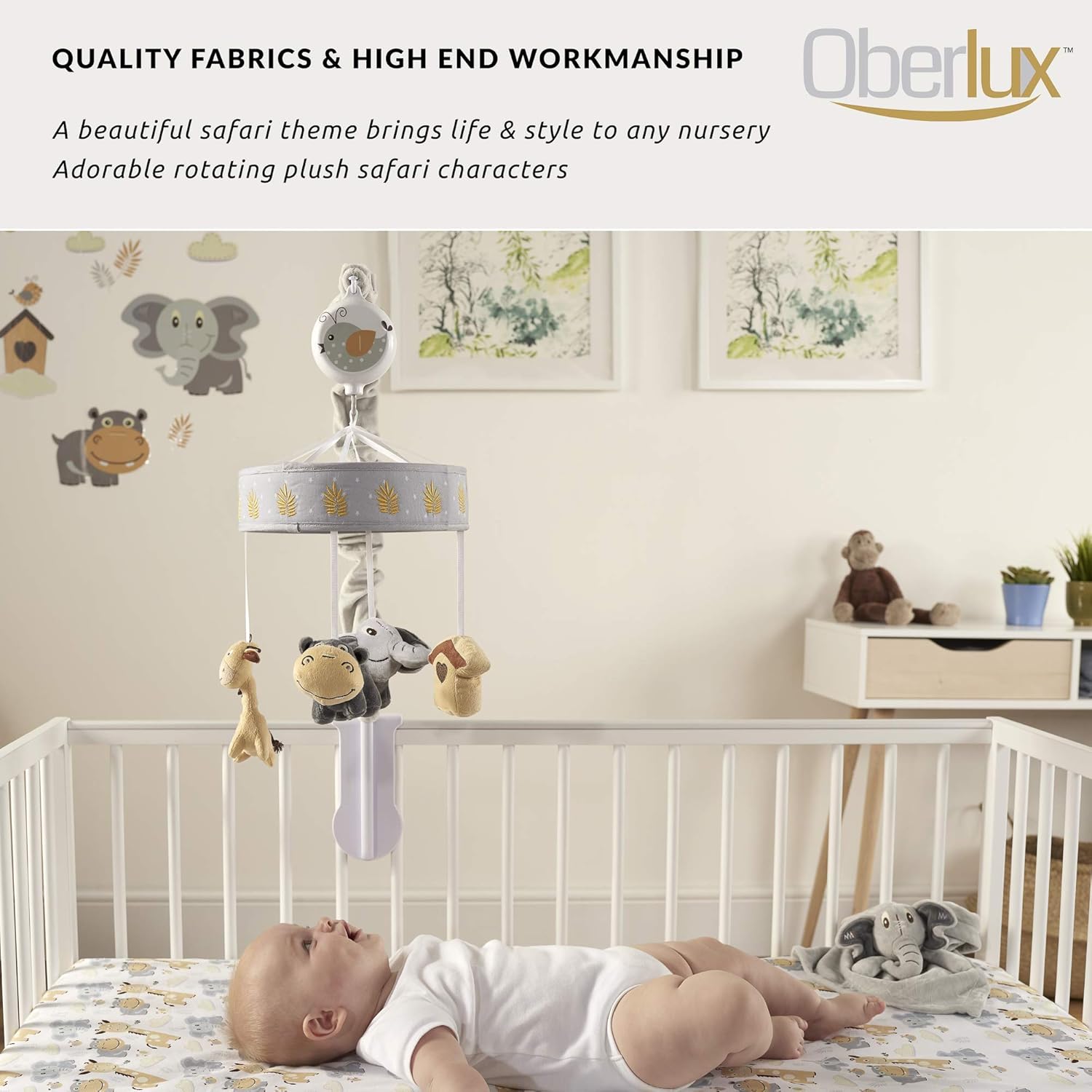 Musical Baby Crib Mobile - Jungle Animal Safari Theme Baby Mobile for Crib, Baby Soother, Baby Toys, Crib Toys Animals, Gray, Tan,