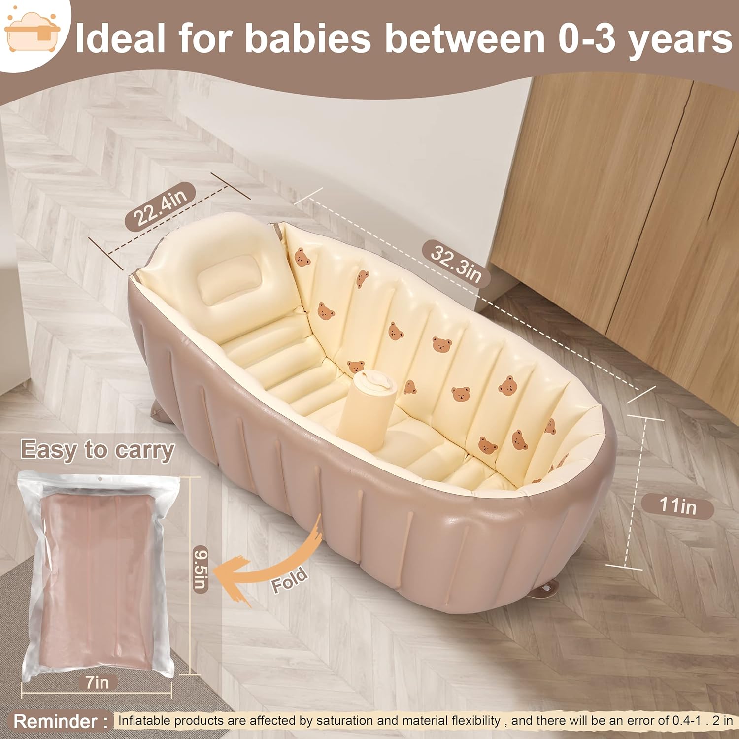 MINK Inflatable Bathtub for Toddlers - Portable Baby Tub with Built-in Air Pump - Collapsible Design for Easy Storage - Perfect for Newborns to Infants