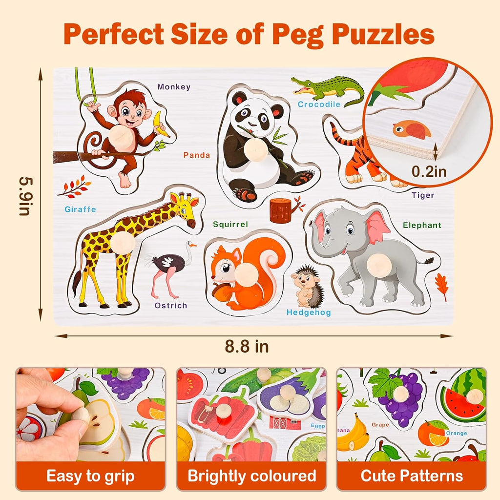 Wooden Peg Puzzles for Toddlers 1-3, 6 PCS Puzzles for Kids, Montessori Toddler Numbers, Vegetables, Fruits, Insects, Sea and Animals Puzzles, Great Preschool Gifts for Girls and Boys