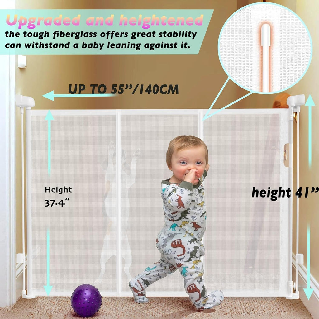 Retractable Baby Gates for Stairs, 55" Wide Baby Gate Dog Gate, 41" Tall Retractable Pet Gate for Doorways, Child Safety Gates Mesh Gate with Fiberglass Rods for Stairways, Hallways, Indoor/Outdoor