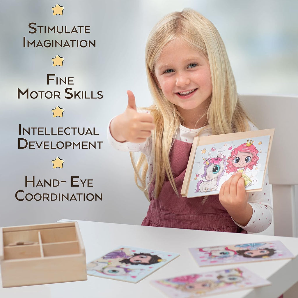 4-in-1 Princess Jigsaw Puzzles for Kids, Wood Puzzles for Kids Ages 3-5 48 Piece Wooden Puzzles for Toddlers 3-5, Wooden Puzzles for Toddlers, Essential Skills Gift for Girls Princesses