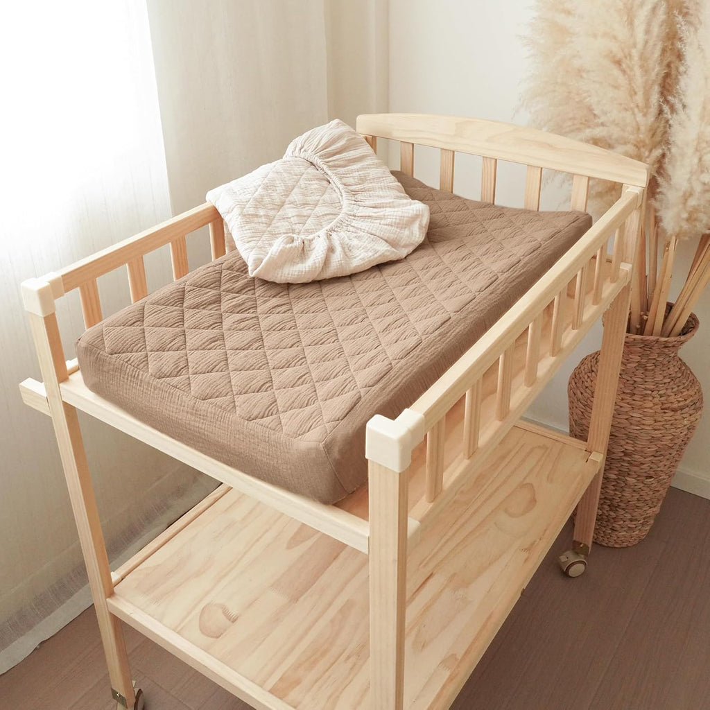 Konssy Waterproof Muslin Changing Pad Cover 2 Pack, Quilted Cotton Fitted Diaper Changing Table Cover, Soft Changing Pad Sheets for Girls Boys (Brown, Cream)