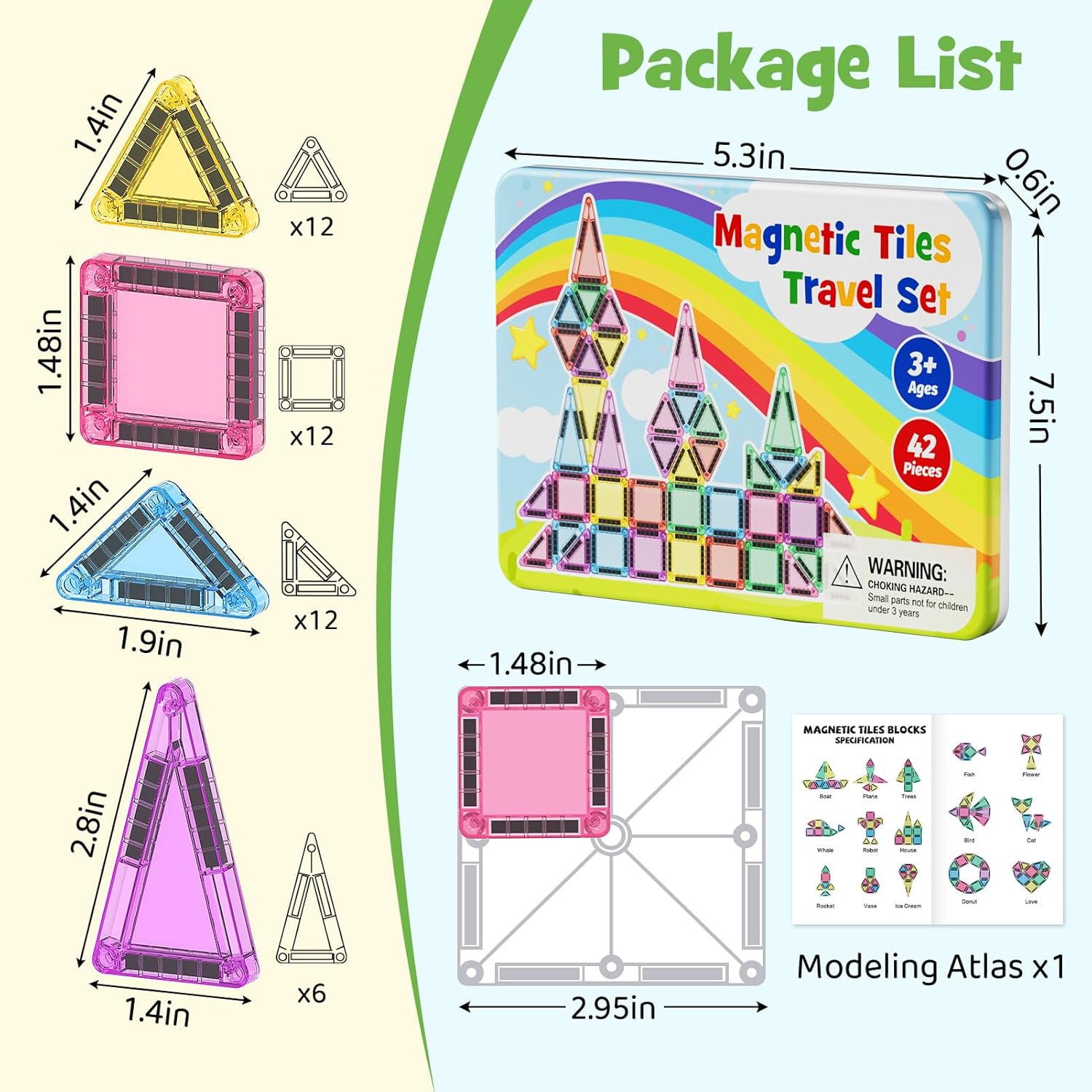 Magnetic Tiles Travel Toys for Kids 4-8, 42PCS Candy Color STEM Building Blocks with Visual Storage Guide & Metal Case, Airplane Activities & Toddler Travel Essentials Ages 3-5
