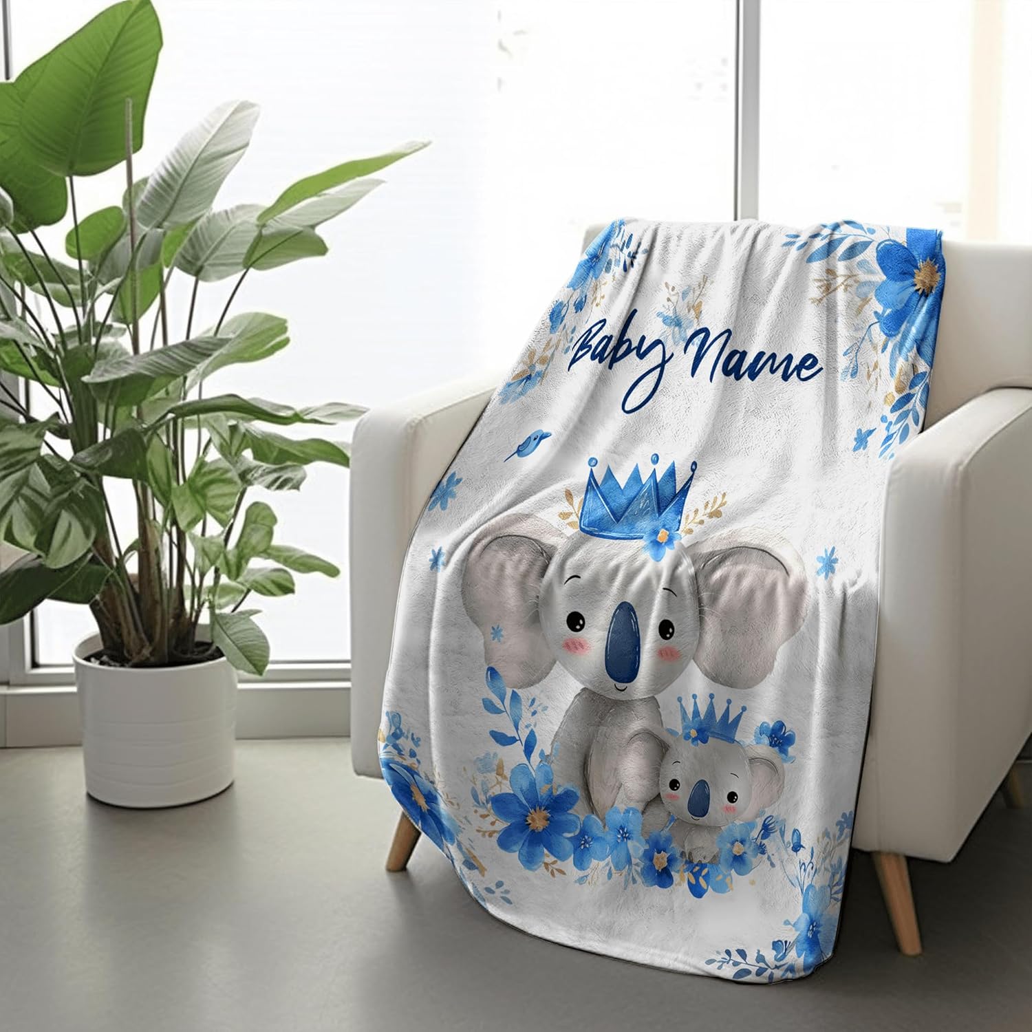 Watercolor Koala Personalized Boy Baby Blanket, Custom Baby Throw Blanket with Name for Newborn Son Daughter Grandson Granddaughter Toddler Birthday Bed Blanket