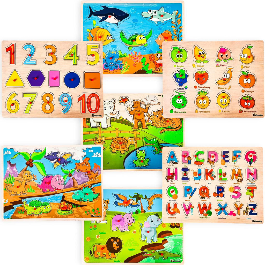 7 Pack Wooden Puzzles for Toddlers 2 3 4 5 Years Old - 7 Colorful Chunky Wood Peg Puzzles for Kids Ages 2-5, Alphabet Shape Numbers Fruits Sea Animals Dinosaur Zoo - Educational Toddler Learning Toys
