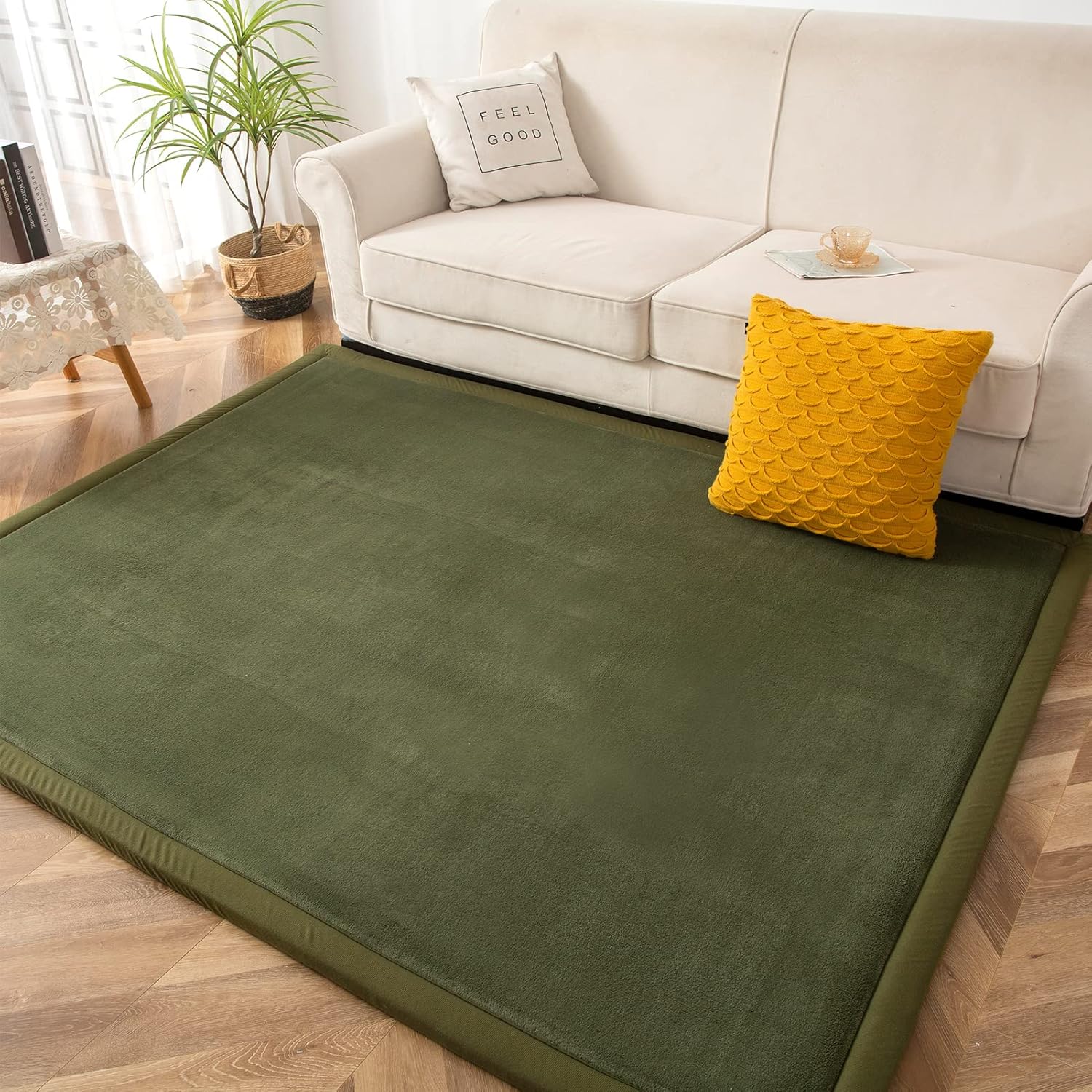 MAXYOYO Coral Velvet Area Rug, Thick Japanese Tatami Mat Living Room Carpet with Non-Slip Backing, Large Solid Color Mat for Bedroom Dormitory Yoga, Olive Green, 59"x 78"