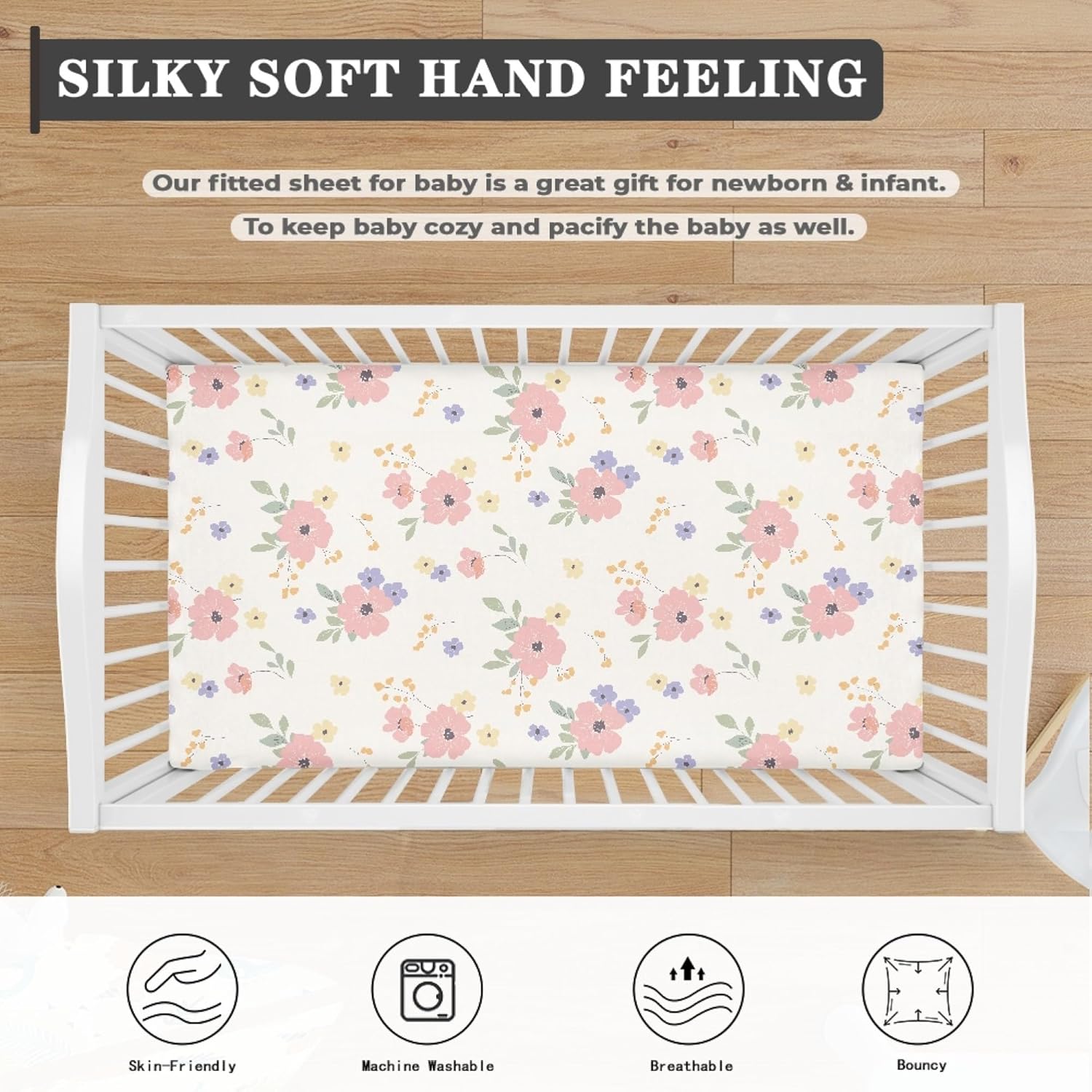 Dreamy Floral Print Fitted Crib Sheet Flower Baby Crib Sheet Fit Standard Crib and Toddler Mattress,Crib Mattress Sheets for Boys Girls 28"x52"