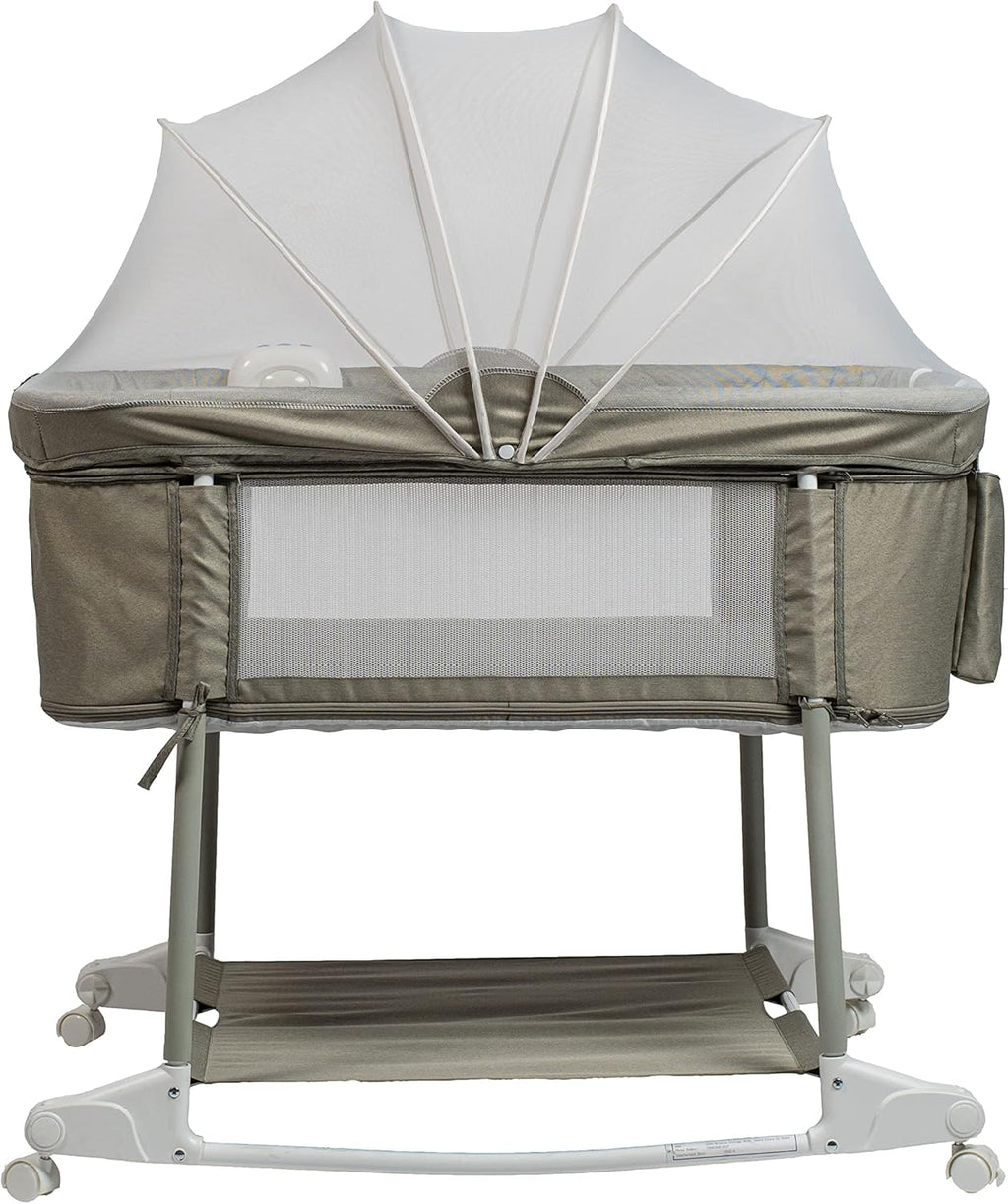 Newborn Portable Bassinet on Wheels for Baby 3 in 1 Bedside Sleeper Rocking Crib Playard with Breathable Mesh Cover Detachable Mosquito Net and Music Box Multi Mode(Light Grey)
