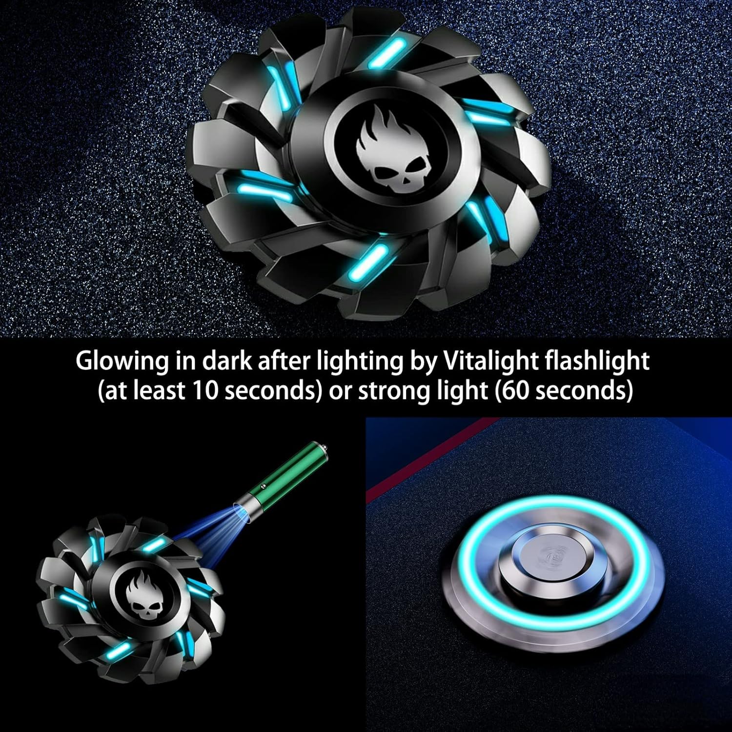Black Gear Fidget Spinner, Colorful Glow in The Dark, High Speed and Silence, Cool Metal Mechanical Gear Shape Design with Skull Symbol, Anti-Anxiety and Stress Release for Kids and Adults