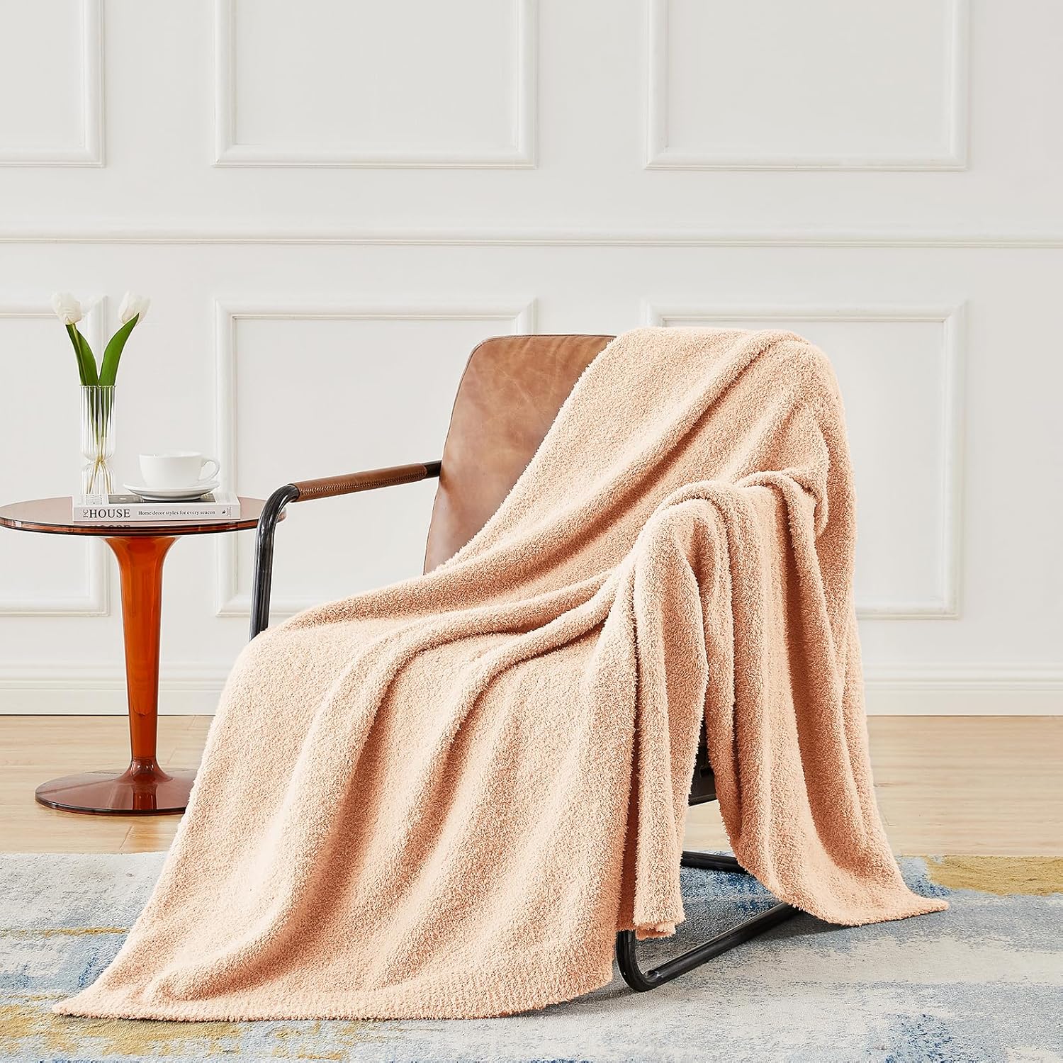 CYMULA Knit Throw Blanket for Peach Pink - Super Soft Lightweight Plush Fuzzy Fluffy Cozy Blankets and Throws for Sofa Bed, 50 x 60 inches