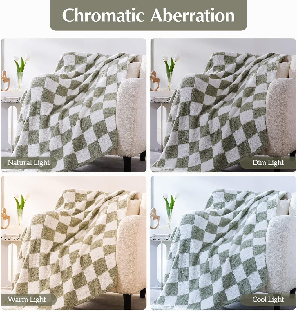 WRENSONGE Checkered Throw Blanket, Sage Green Soft Cozy Fluffy Warm Hand Made Throw Blankets for Couch, Sofa, Chair, Bed, Camping, Picnic, Travel Lightweight Bed Blanket - 90"*108"