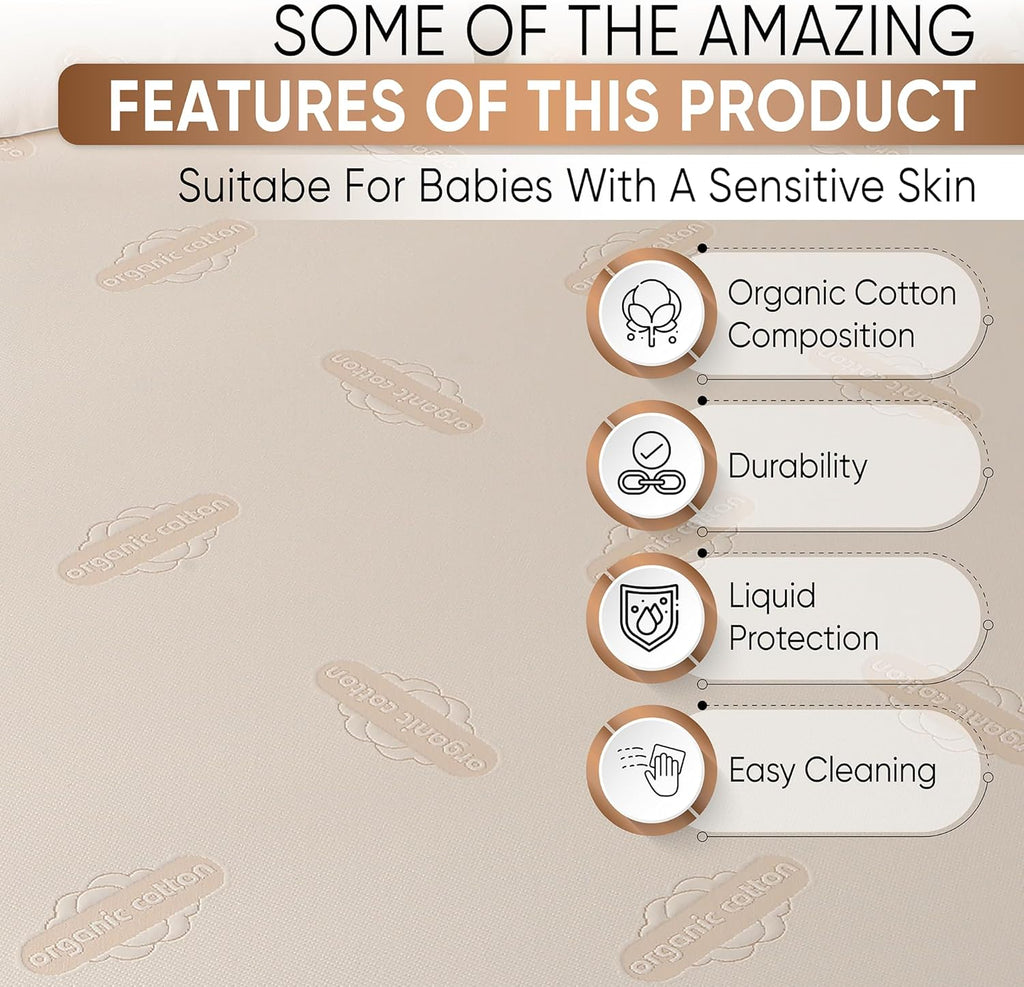 Crib Organic Mattress Protector Pad - Certified Organic Cotton Waterproof Breathable Mattress Pad Cover - 200 GSM Comfort - Deep Pocket - Fitted Comfort