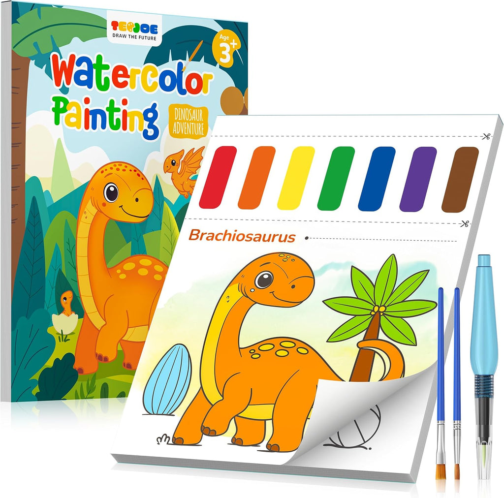 TECJOE Paint with Water Coloring Books for Toddlers, Dinosaur Series Watercolor Set with 3 Brushes, Mess Free Painting Activity for Kids Ages 4 5 6 7 8, Christmas Gifts Arts & Crafts Toy