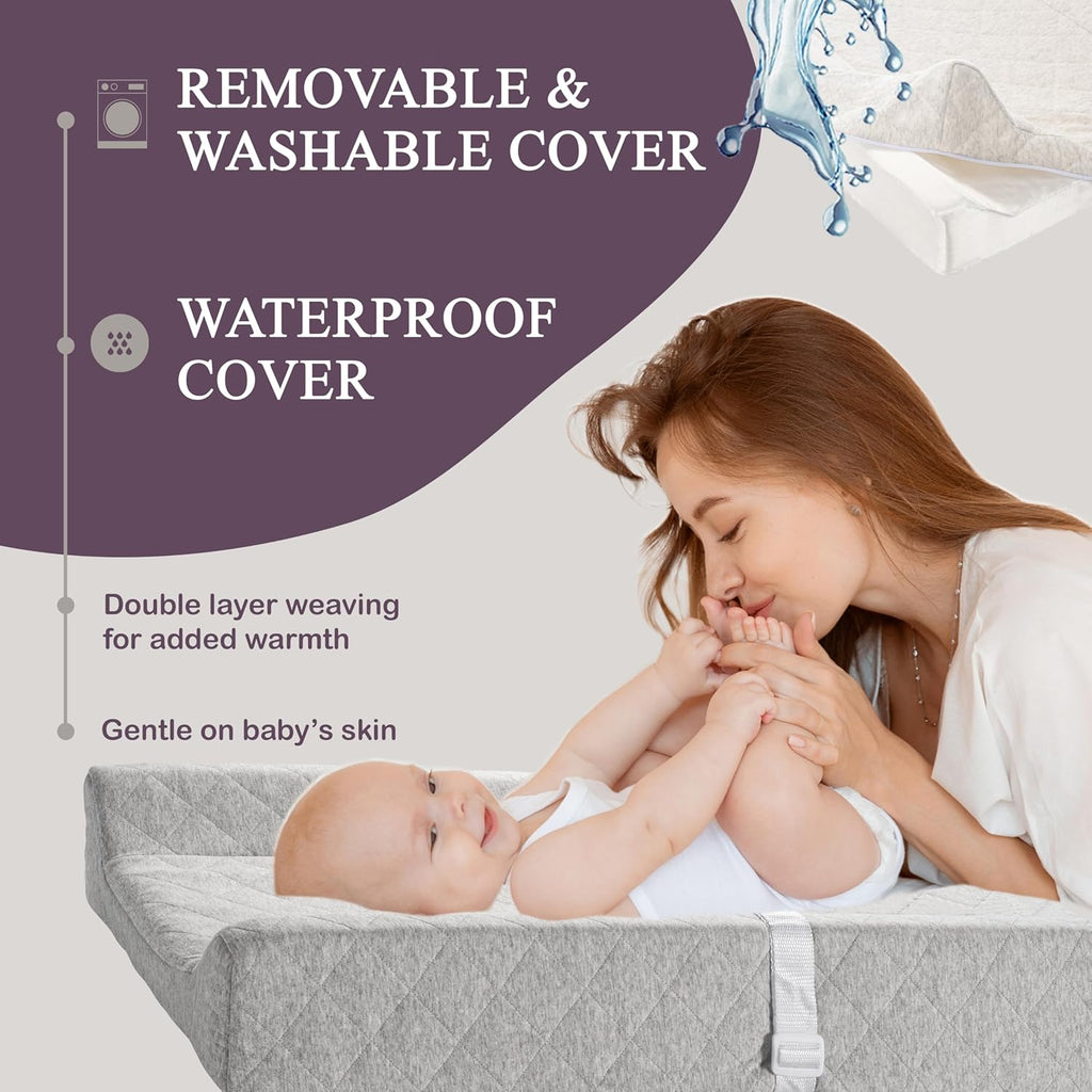 Organic Cotton Contoured Baby Changing Pad w/Waterproof Foam Mattress, Includes Soft, Removable & Washable Cover, Safety Strap, Non-Slip Bottom, Topper for Standard Size Infant Diaper Table & Dresser