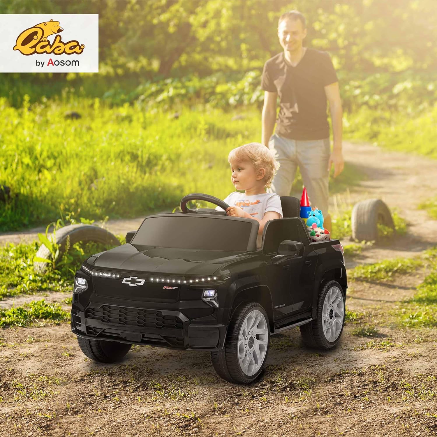 Qaba 12V Kids Ride on Truck, Chevrolet Silverado EV RST Licensed Electric Car with Parent Remote Control, Back Storage, Spring Suspension, Soft Start, Auxiliary Wheels, LED Lights, Music, MP3, Black