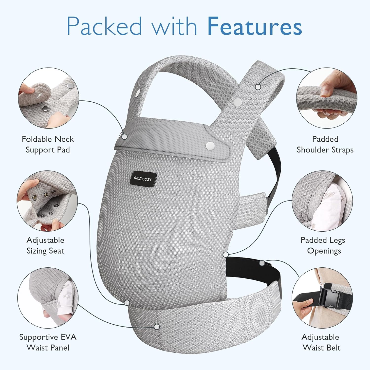 Momcozy Breathable Mesh Baby Carrier, Ergonomic and Lightweight Infant Carrier for 7-44lbs with Enhanced Lumbar Support, All Day Comfort for Hands-Free Parenting, Air Mesh-Grey