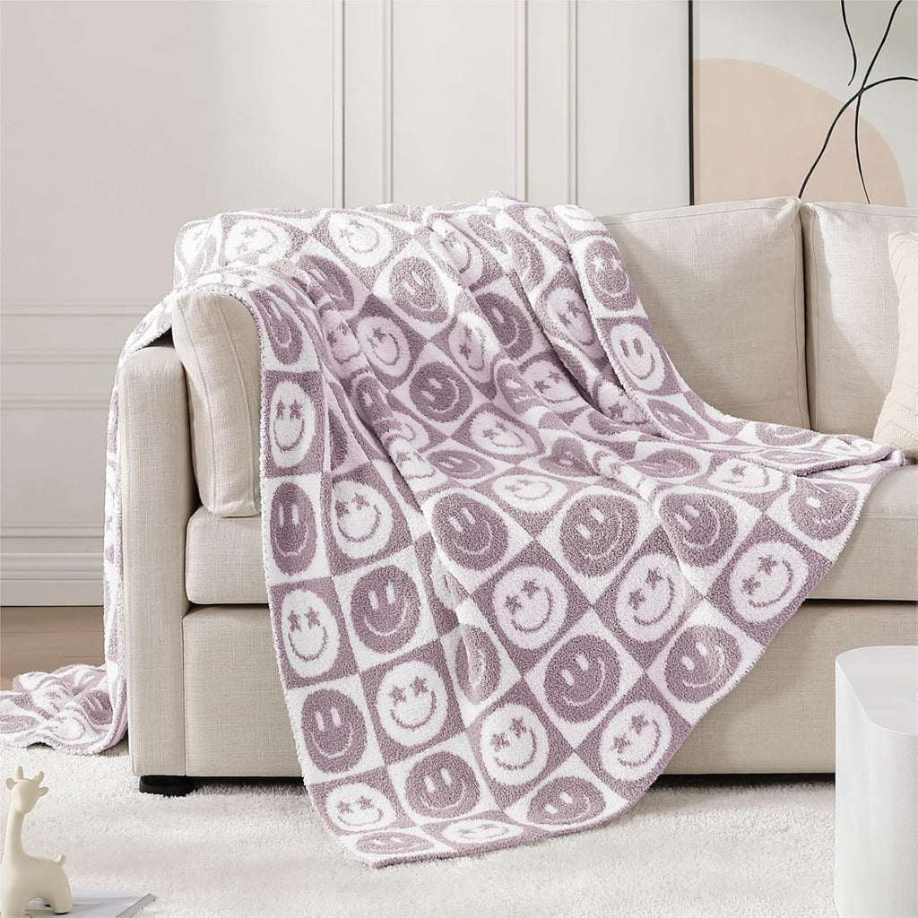 WRENSONGE Checkered Throw Blanket Lilac Smiling Face Soft Cozy Fluffy Warm Hand Made Weave Throw Blankets for Couch, Sofa, Chair, Bed, Camping, Picnic, Travel Lightweight Bed Blanket - 60"*80"
