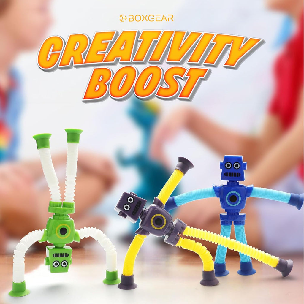 Boxgear 4 Pieces LED Shape Changing Robot Toy, Telescopic Pop Tubes Fidget Toys, Sensory Toys for Girls Boys (Robot)