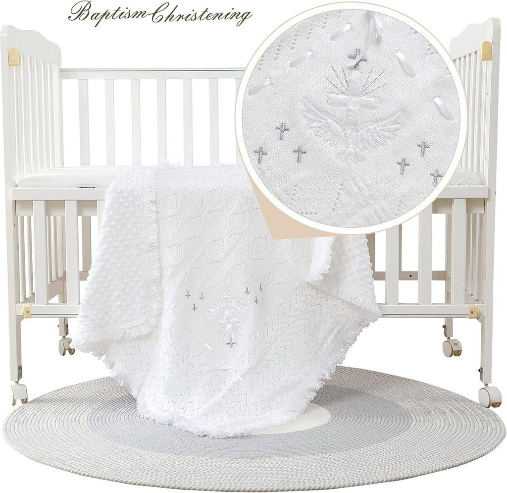 Booulfi Baby Christening Blanket Newborn White Baby Blanket Shawl Neutral Knitted Baptism Blankets for Babies Fleece Lined Winter Warm Blankets,Size 37x39 “