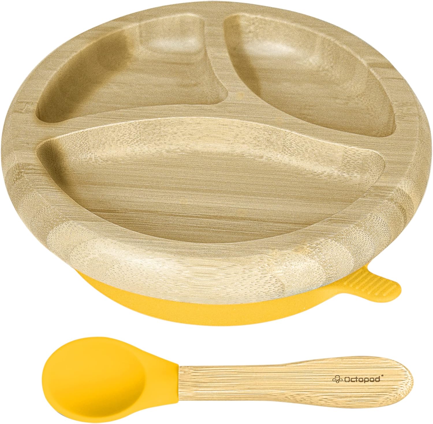 Abiie Octopod Bamboo Dish - Kids Plates for 4 months and up, 3-Compartment Baby Plates with Suction, Round Bamboo Baby Plate, Mess-Free Toddler Suction Plates, Baby Feeding Supplies, 7.5 x 7.5 x 1.9in