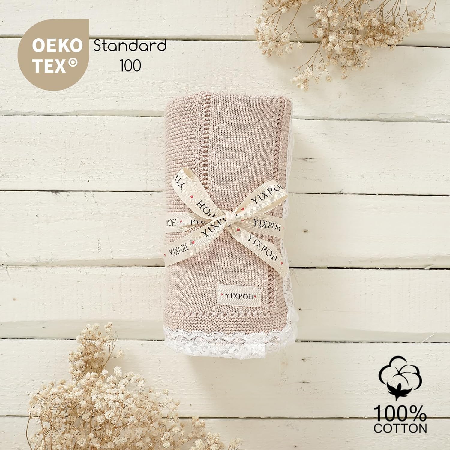 100% Organic Cotton Baby Blanket Knitted Softer Receiving Swaddle Warm Cozy Cuddle Crib Blanket for Newborns Infants Toddlers Boy and Girls Camel