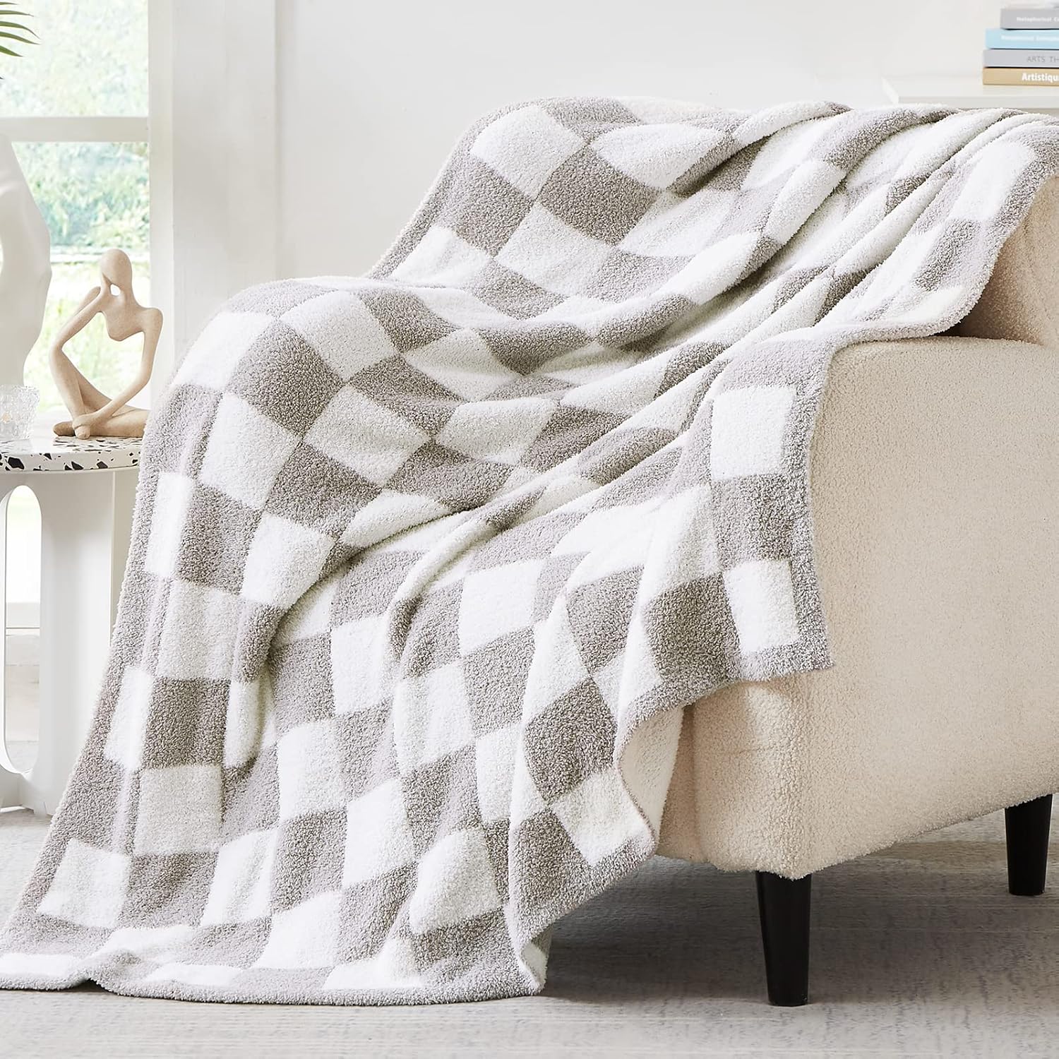 WRENSONGE Checkered Throw Blanket, Light Grey Soft Cozy Fluffy Warm Hand Made Throw Blankets for Couch, Sofa, Chair, Bed, Camping, Picnic, Travel Lightweight Bed Blanket - 50"*70"