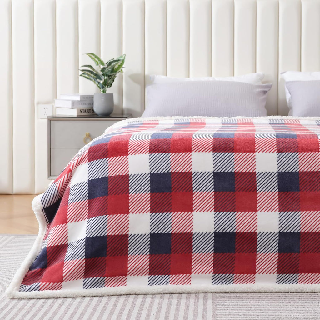 Touchat Sherpa Plaid Twin Blanket 60" X 70", Fuzzy Fluffy Soft Cozy Throw Blanket, Twin Size Plush Fleece Flannel Plush Microfiber Blanket for Couch Bed Sofa (Red Color)