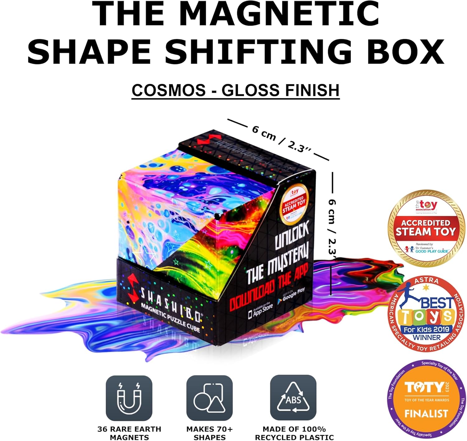 SHASHIBO Shape Shifting Box - Award-Winning, Patented Fidget Cube w/ 36 Rare Earth Magnets - Transforms Into Over 70 Shapes, Download Fun in Motion Toys Mobile App (Holographic - Cosmos)
