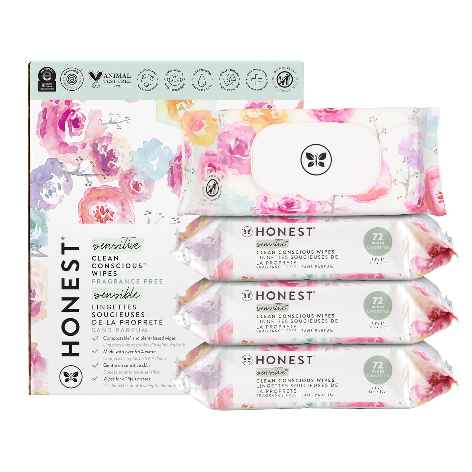 The Honest Company Clean Conscious Multi-Use Wipes | Hypoallergenic + Unscented for Sensitive Skin | Over 99% Water, Compostable, Plant Based, Baby Wipes | Rose Blossom, 288 Count