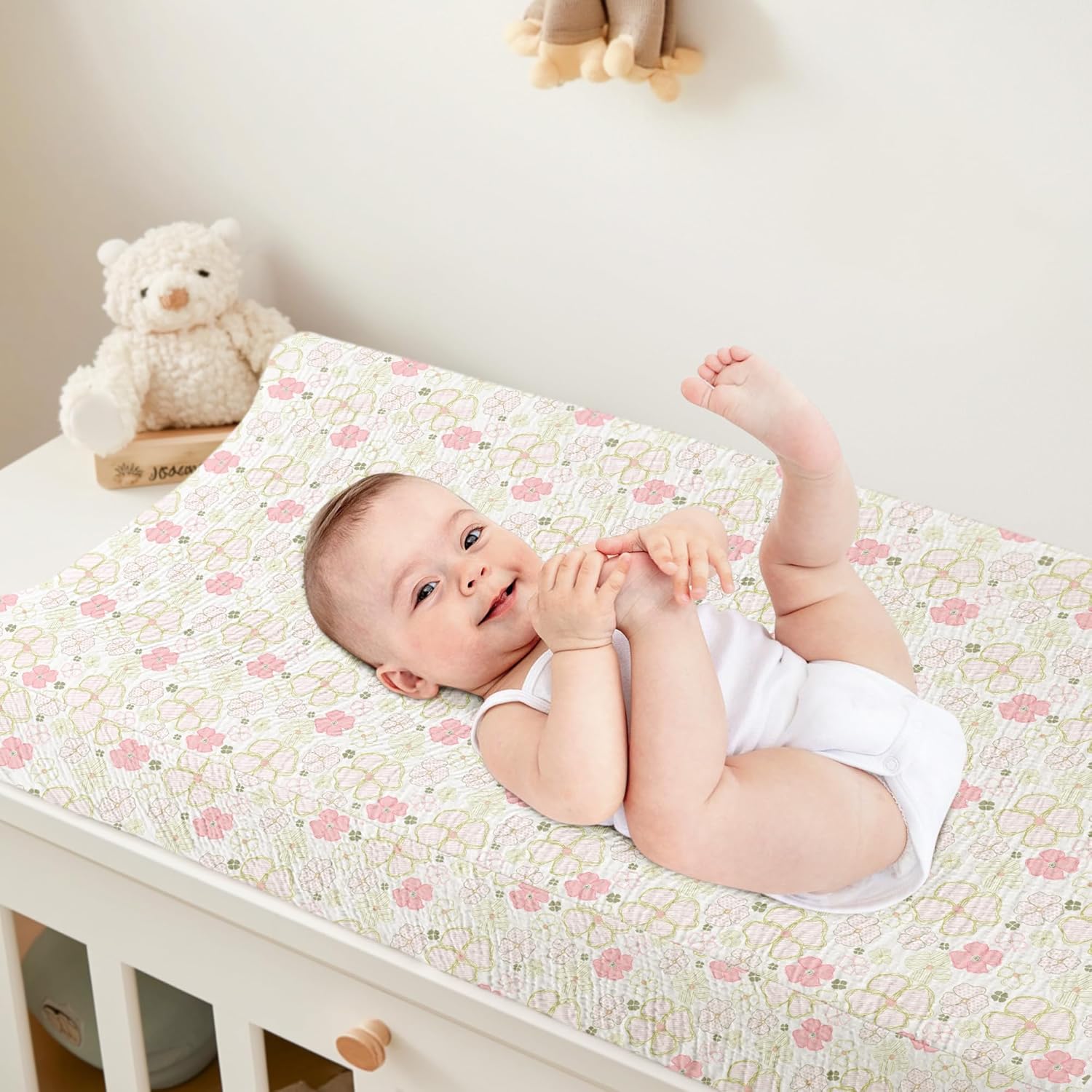 Bearmoss Changing Pad Cover, 2 Pack Muslin [100% Cotton] Diaper Changing Table Covers, 32'' x 16'' Soft Breathable Changing Pad Sheets for Unisex Baby Girls and Boys with Strap Holes (Pinkfloral)