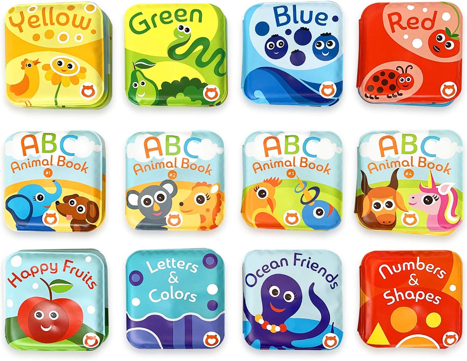 Super Bath Book Set of 12 (Fruits, Ocean Friends, ABC, Numbers Books; Color Recognition Bath Books Including Yellow, Green, Red and Blue Color Topics, ABC Animal Bath Books.