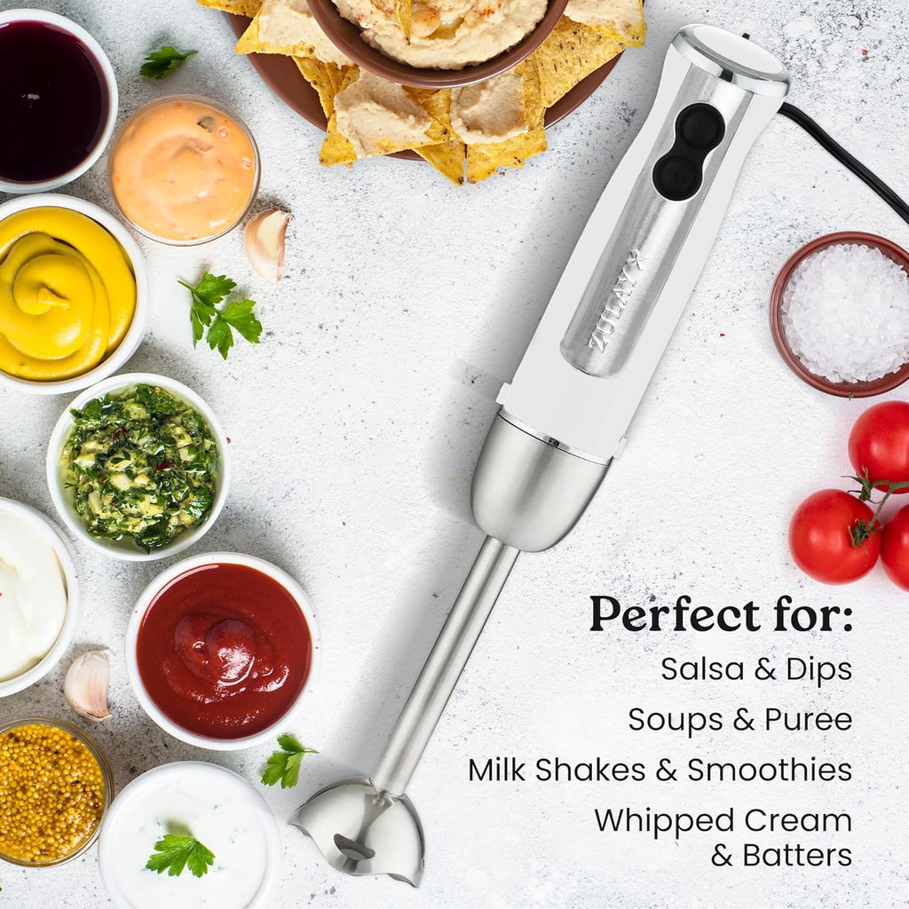 Zulay Immersion Stick Mixer Hand Blender - 800 Watts, Turbo Mode, 5-ft Power Electric Cord, Handheld Portable, Stainless Steel Blades - For Effortless Blending Smoothie, Soup, Baby Food, Puree - White