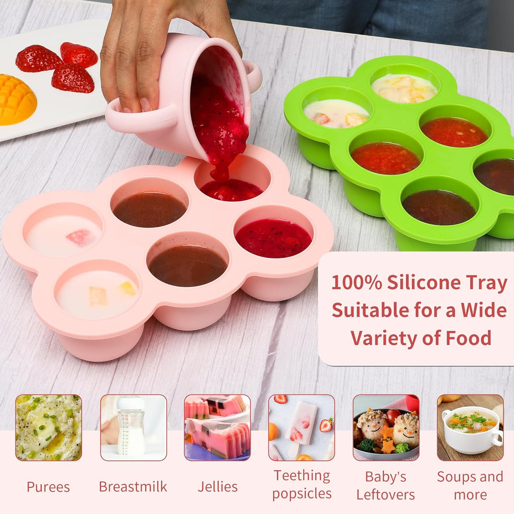 Baby Silicone Freezer Tray with Clip on Lid, 6 x 3 OZ Baby Silicone Freezer Molds, Silicone Storage Container for Homemade Baby Food, Fruit Purees & Vegetables (Gossamer Pink)