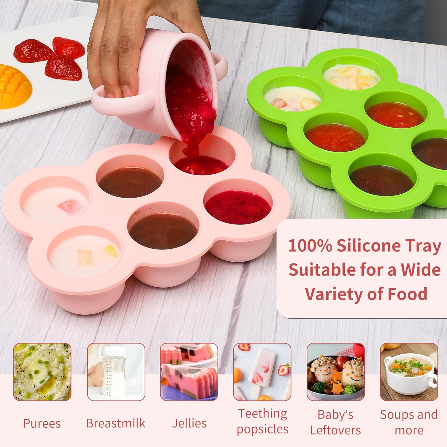 Baby Silicone Freezer Tray with Clip on Lid, 6 x 3 OZ Baby Silicone Freezer Molds, Silicone Storage Container for Homemade Baby Food, Fruit Purees & Vegetables (Gossamer Pink)
