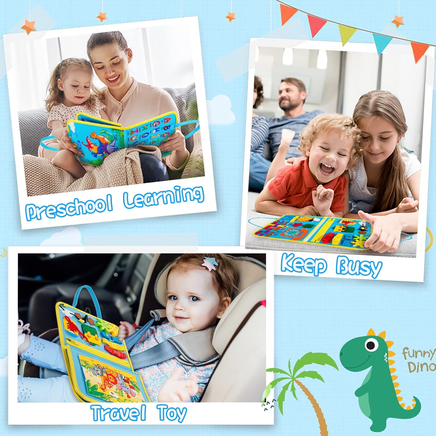 MORNOR Busy Board for Toddlers 1-4, Sensory Activity Board for Learning, Travel Toys, Montessori Toys for Fine Motor Skills, Gift for Boys & Girls (Blue)