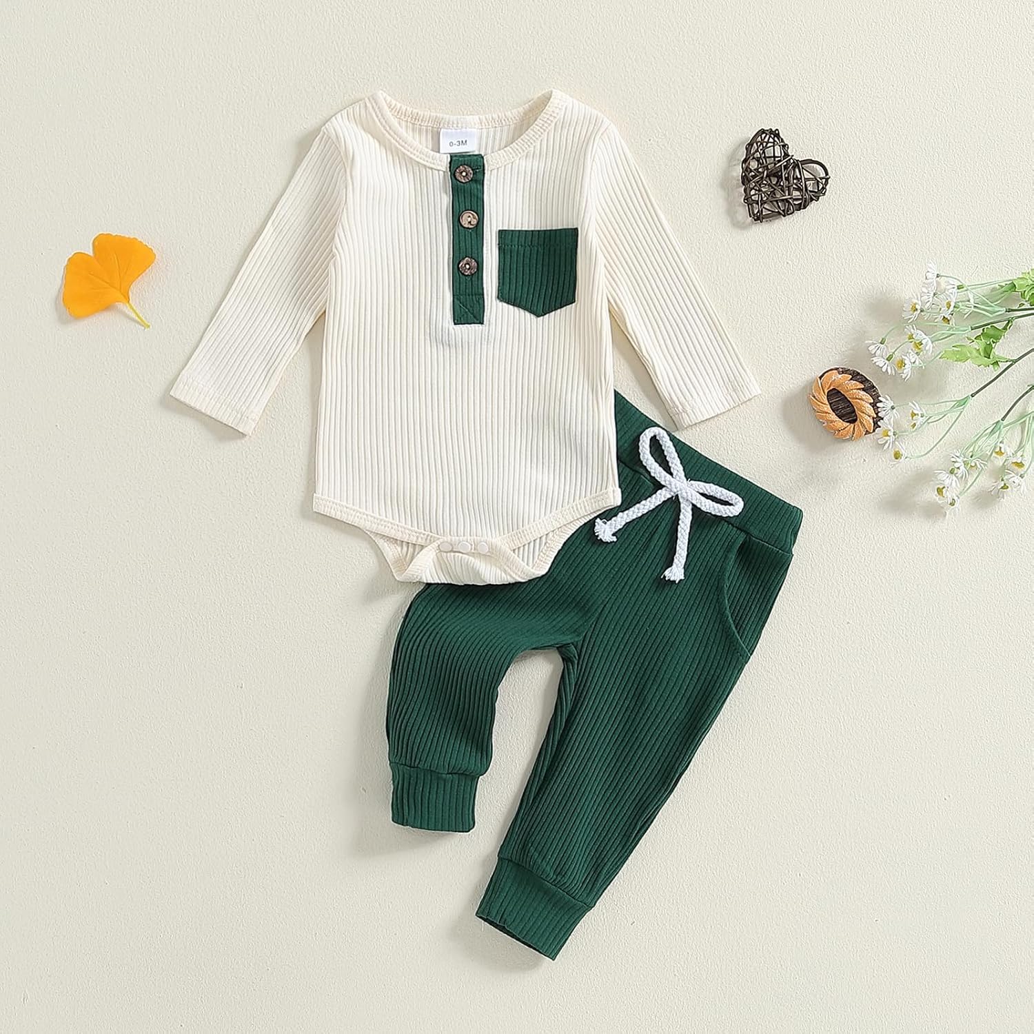 fhutpw Baby Boy Clothes 3 6 12 18 Months Ribbed Knitted Long Sleeve Romper and Pants Sets Newborn Fall Splicing Color Outfits