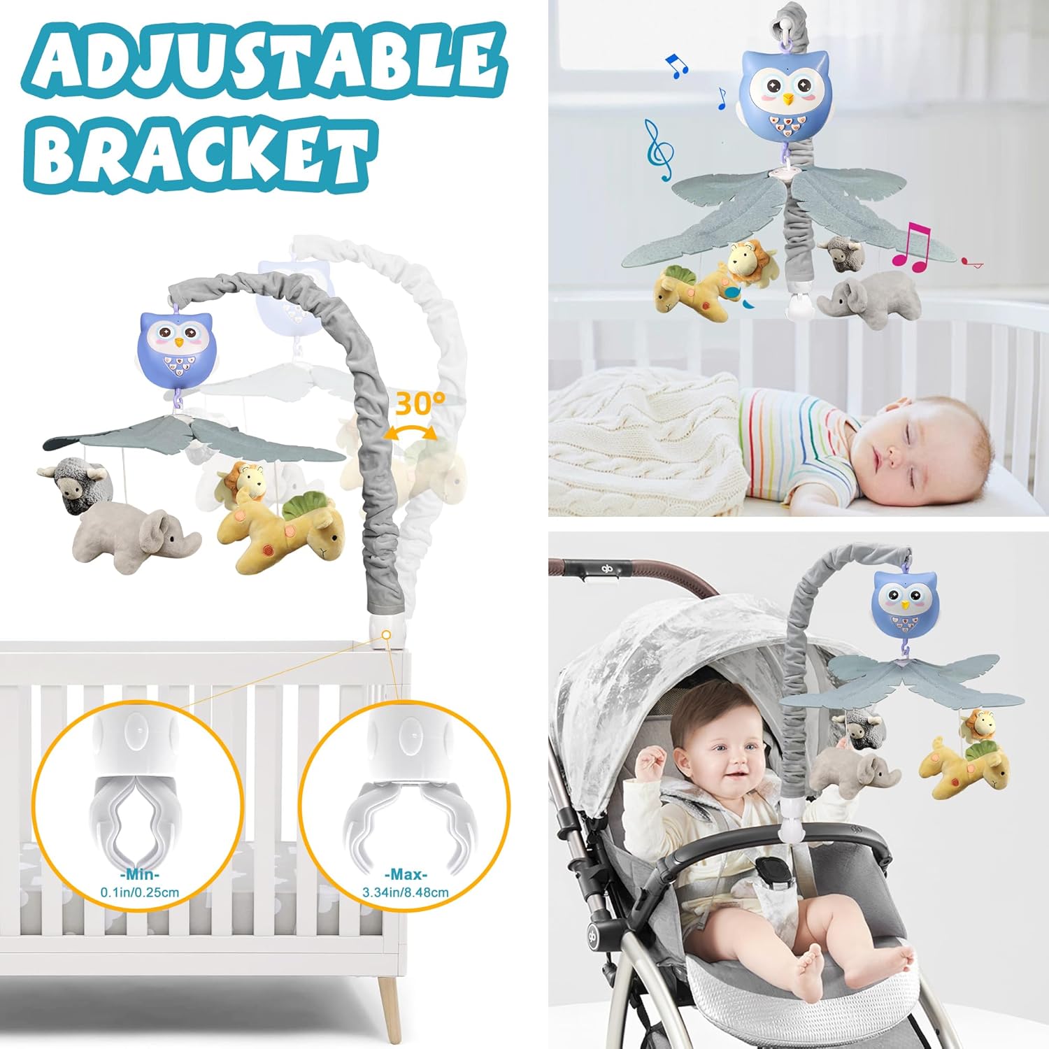 Baby Crib Mobile with Music and Lights for Boys Musical Mobile Animals for Crib Bassinet Girls Toys Hanging Portable Safari Nursery Decor Blue