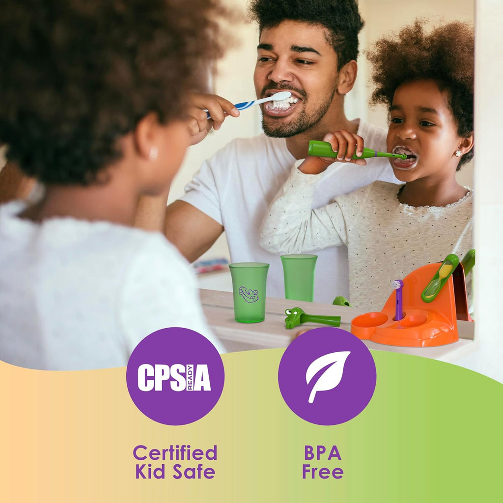 Brusheez Kids’ Electric Toothbrush Set - Safe & Effective for Ages 3+ - Parent Tested & Approved with Gentle Bristles, 2 Brush Heads, Rinse Cup, 2-Minute Timer, & Storage Base (Snappy The Croc)