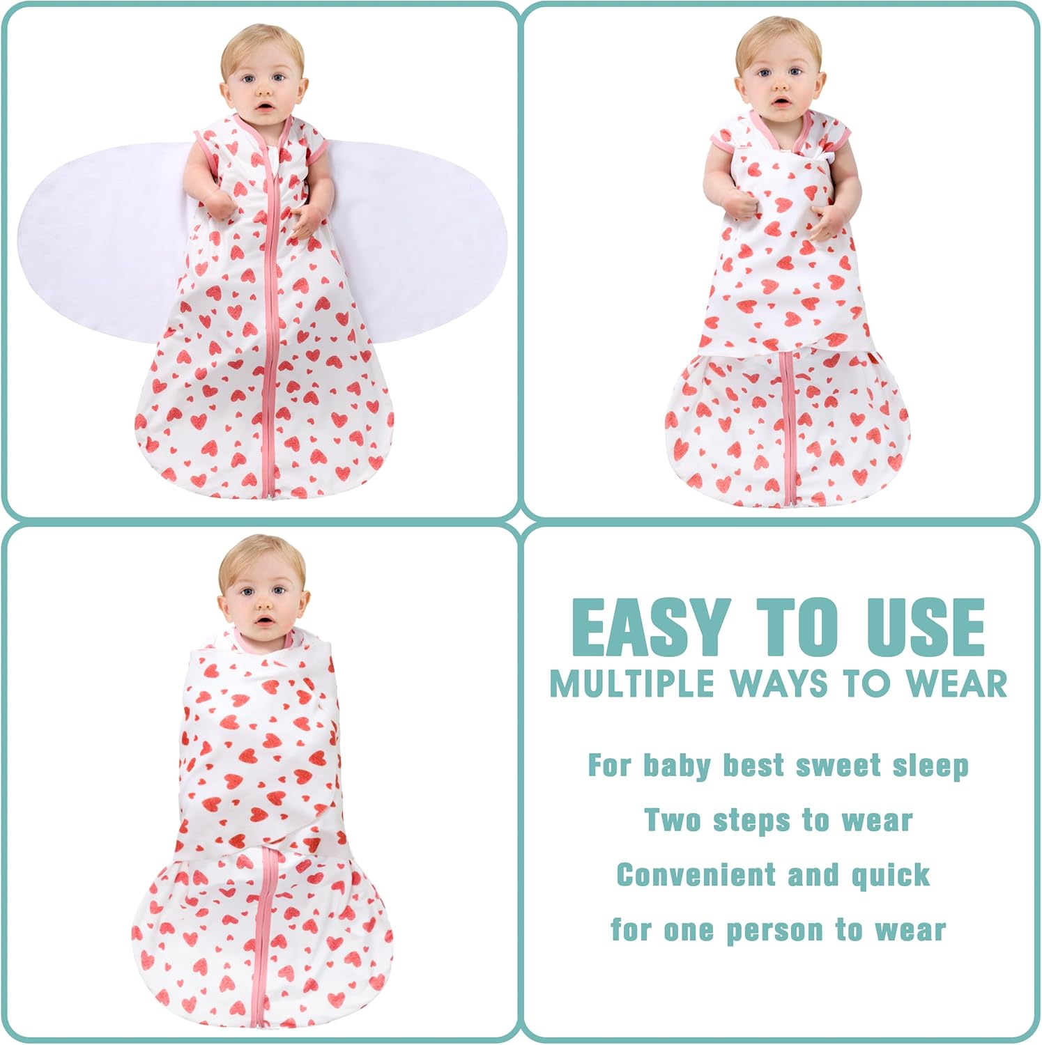 Newborn Sleep Sack Baby Swaddle,Swaddle me 0-3 Month,3-Way Adjustable Wearable Blanket,100% Rayon Cotton Swaddling Sleeping Bag，TOG 0.5 (Love, 0-3 Months)