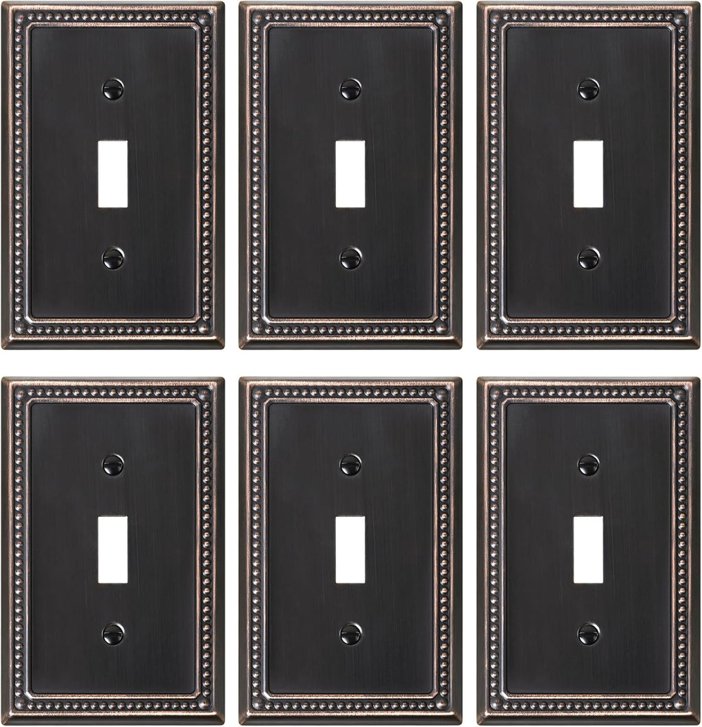 6-Pack Single Toggle Light Switch Cover Plate, Pearls Decorative Switch Plate Covers, Aged Bronze 1 Gang Metal Wall Plate, Corrosion Resistant