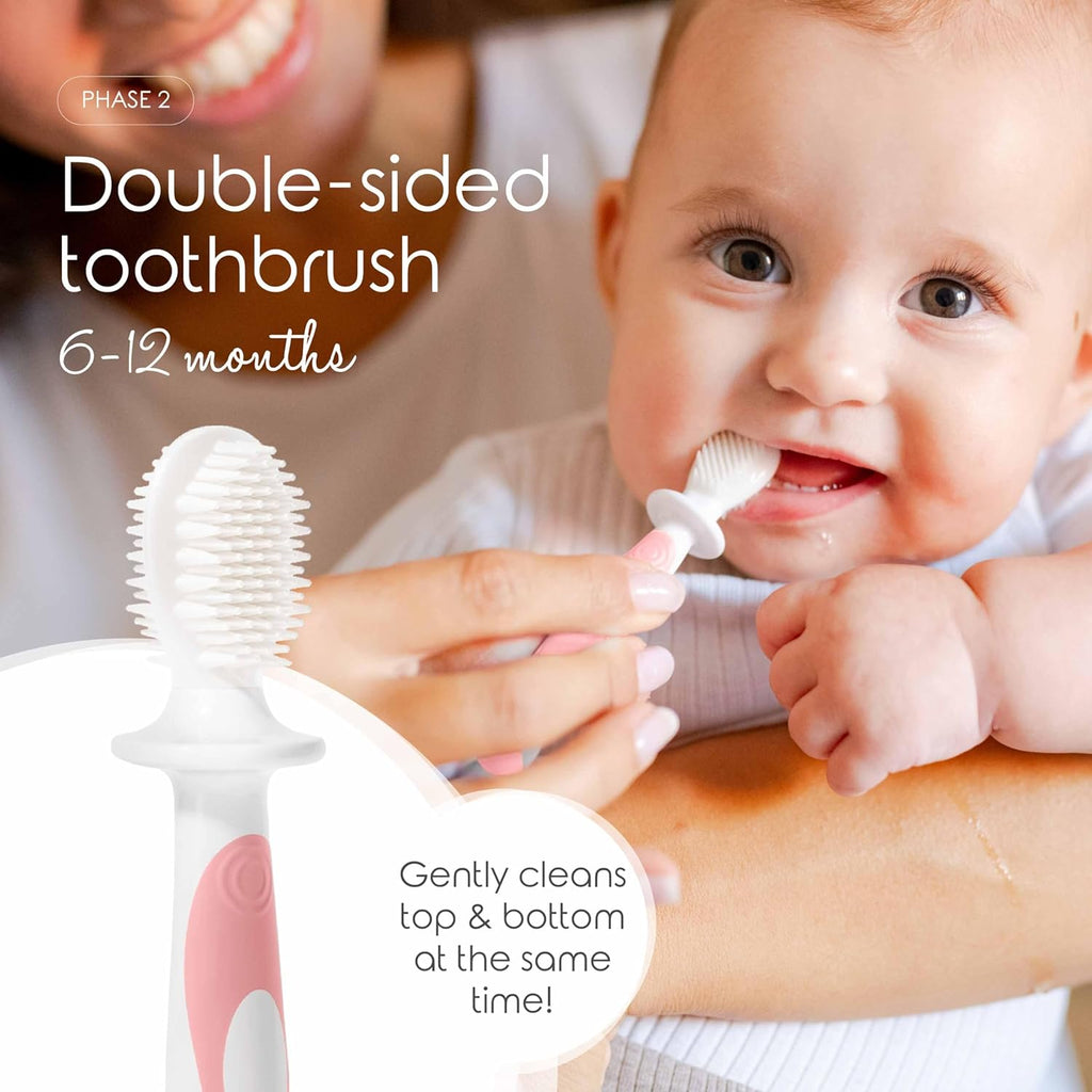 Cherish Baby Care Baby Toothbrush & Toddler Toothbrush Set (0-2 Years) - BPA-Free & Safety-Tested, 2023 Award Winner, Food-Grade Silicone (Pink)