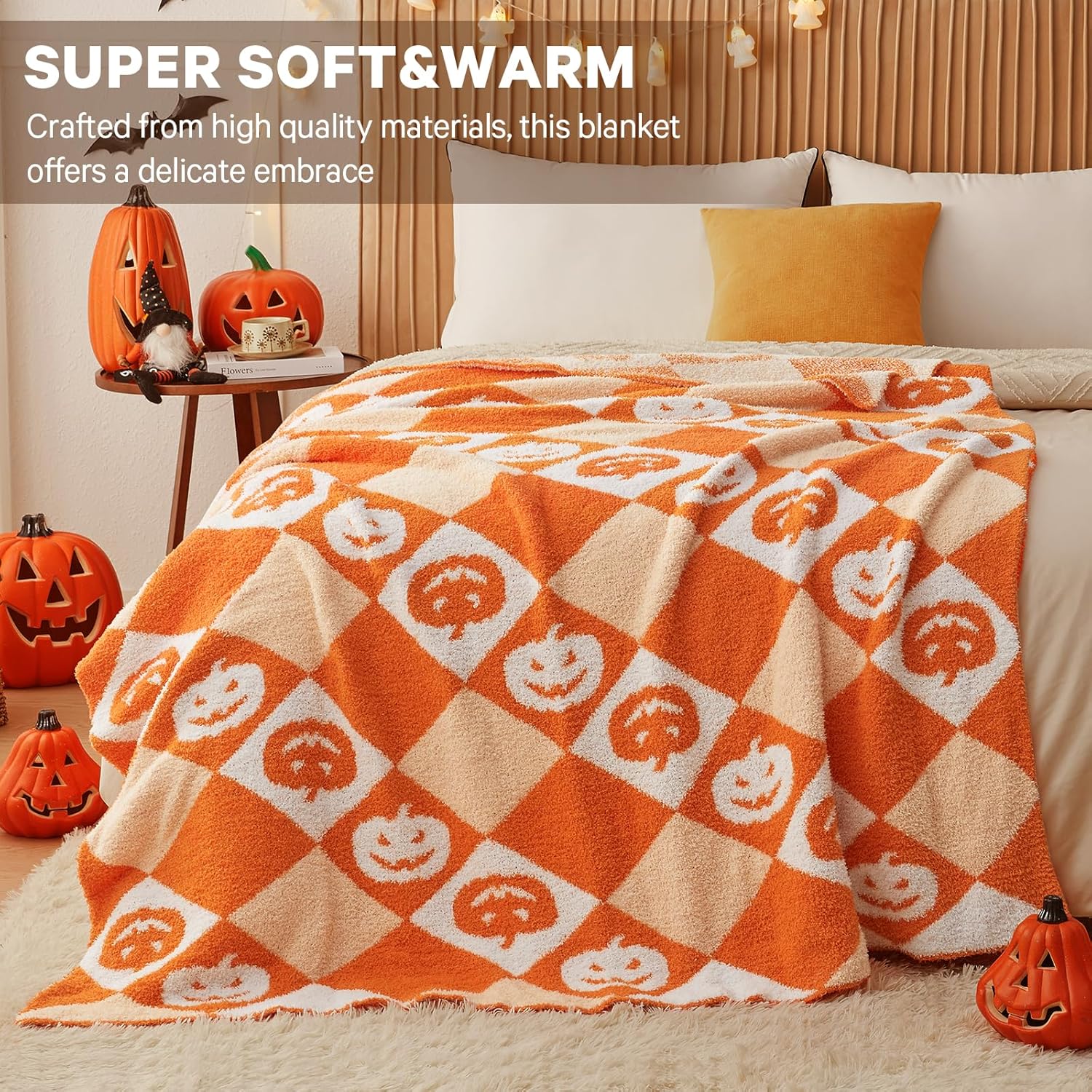 CYMULA Halloween Knit Throw Blanket - Pumpkin Blanket for Couch, Soft Cozy Lightweight Fluffy Blanket for Fall Decor, 50"x60"