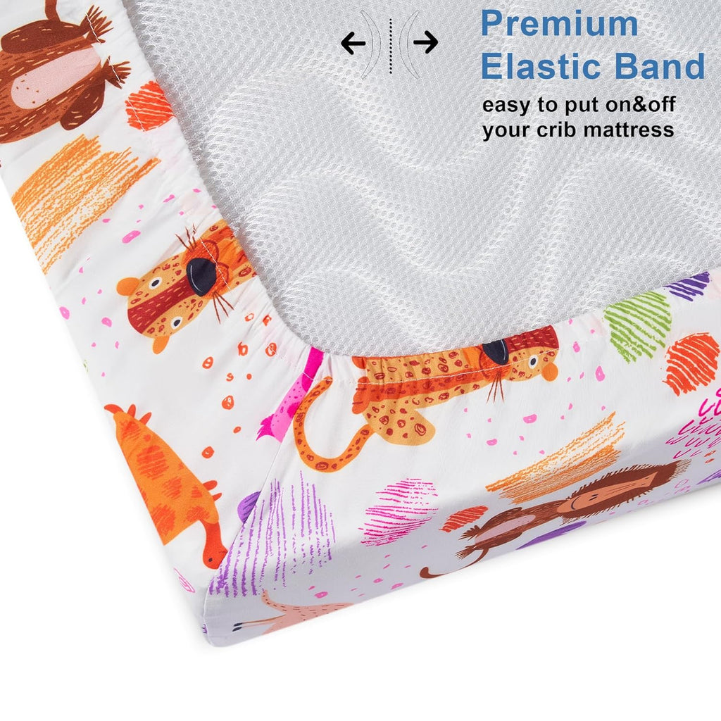 TILLYOU Baby Crib Sheets for Boys Girls, Super Soft Toddler Bed Sheets, 2 Pack Sheets for Standard Crib Mattress 28x52in, Animal Graffiti