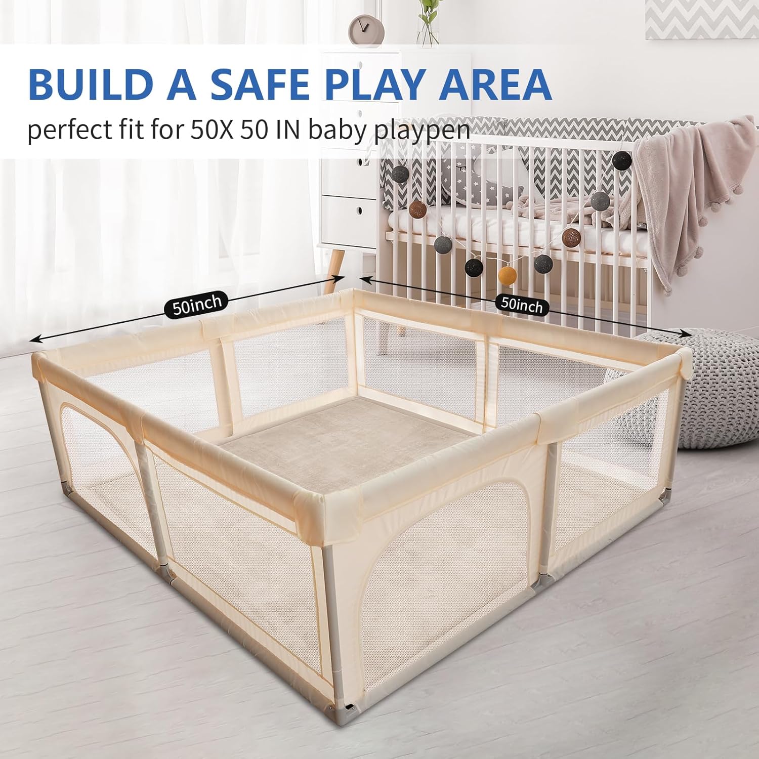 Baby Play Mat for Floor, 1.3" Thick Elasti-Foam 50x50 Playpen Mat for Toddlers Infant kids,Water-Repellent Soft Coral Velvet for Tummy Time, Non-Slip Backing for Crawling,Tatami Style(Beige)