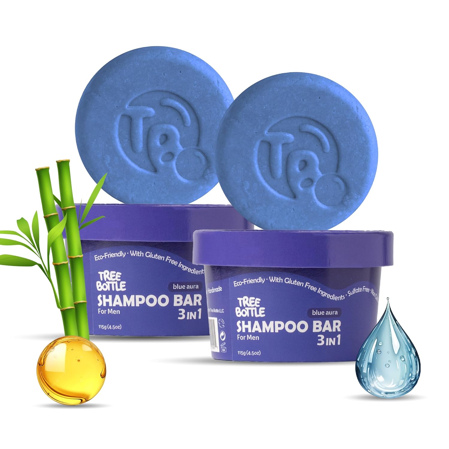 Argan Oil + Bamboo Extract 3-in-1 Shampoo Bar for Men - For Hair, Beard & Body - Deep Clean, Nourishing & Frizz Control - Natural, Paraben & Sulfate-Free - Made in USA - 4.5oz (Pack of 2)